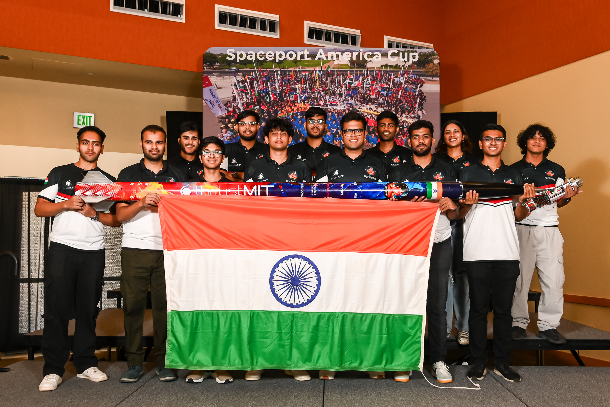 thrustMIT team at Spaceport America Cup with Indian flag